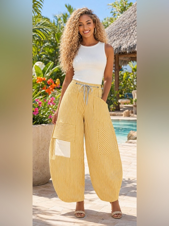 Micas Pants - Yellow Striped Wide-Leg Barrel Drawstring Pants